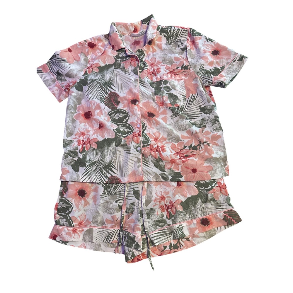 Cupcakes & Cashmere Tropical Floral Pajama Set Button Up Shorts Pockets L